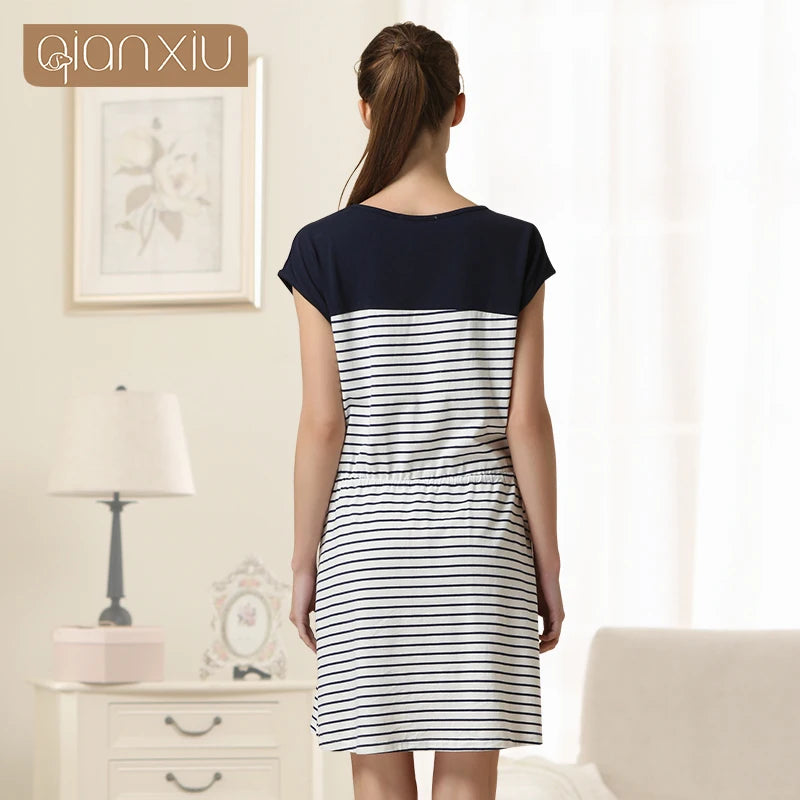 Women's Pajamas Striped Home Clothes Patchwork Sleepshirts Cotton Short Sleeve Round Collar Sleepwear Nightgown Casual Dress