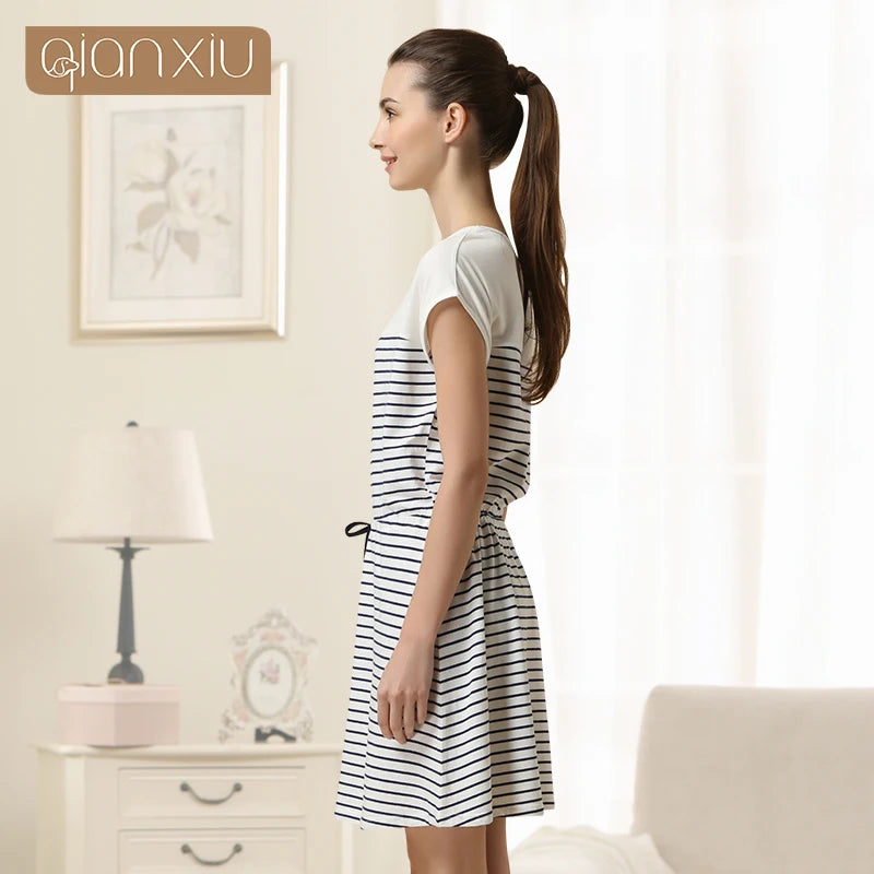 Women's Pajamas Striped Home Clothes Patchwork Sleepshirts Cotton Short Sleeve Round Collar Sleepwear Nightgown Casual Dress