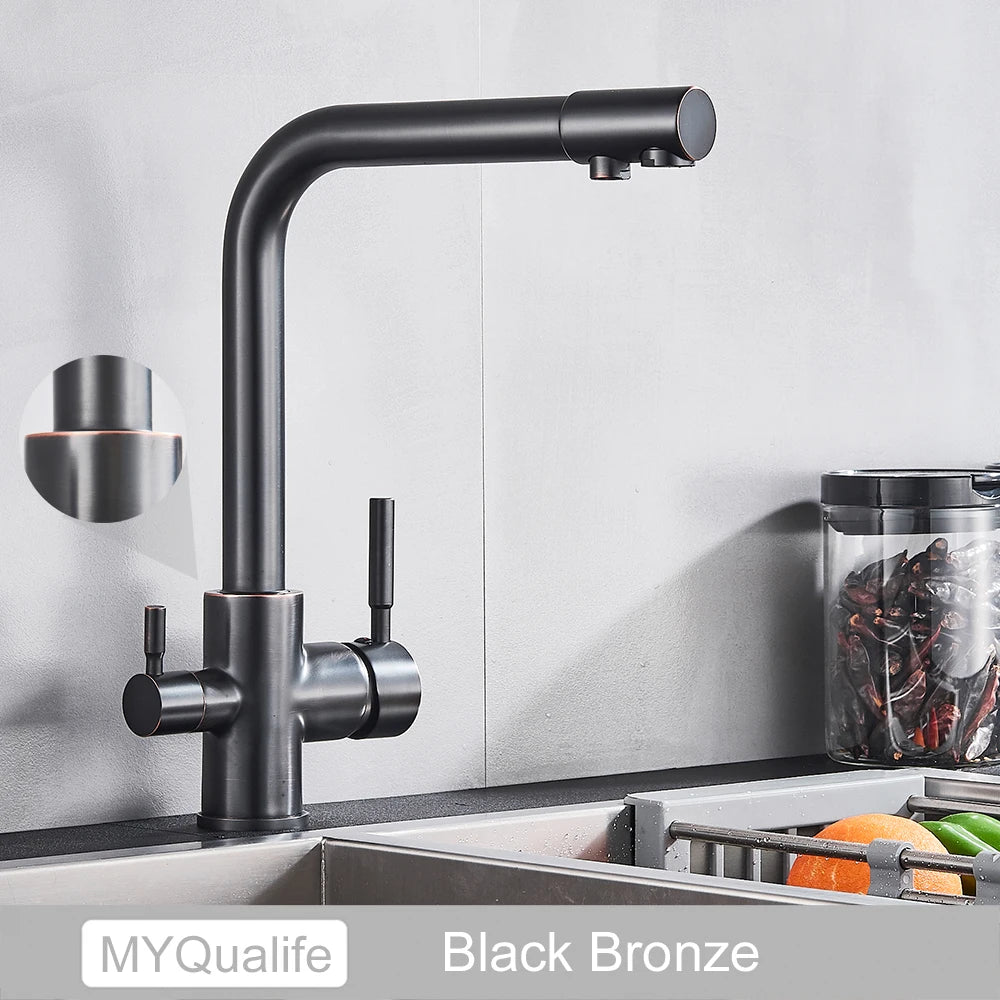 Matte Black Brass Pure Water Kitchen Faucet Dual Handle Hot and Cold Drinking Water 3-way Filter Kitchen Purified Mixer Taps