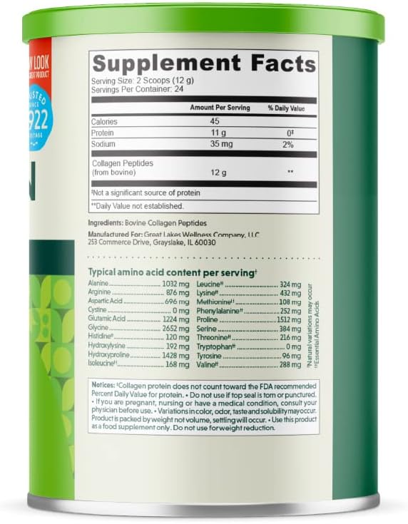 Great Lakes Wellness Collagen Peptides Powder Supplement for Skin Hair Nail Joints - Unflavored - Quick Dissolve Hydrolyzed, Non-GMO, Keto, Paleo, Gluten-Free, No Preservatives - 16 oz Canister