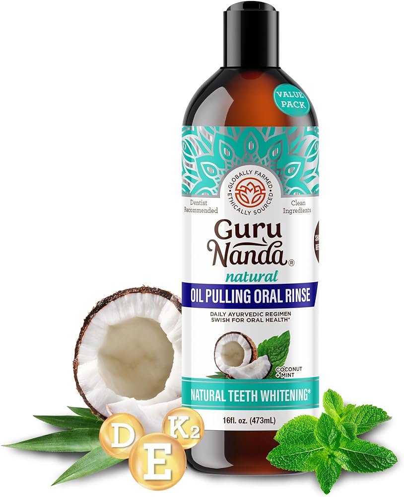 GuruNanda Coconut Oil Pulling with 7 Essential Oils and Vitamin D3, E, K2 (Mickey D), Helps with Fresh Breath, Teeth & Gum Health & More - 16 fl oz