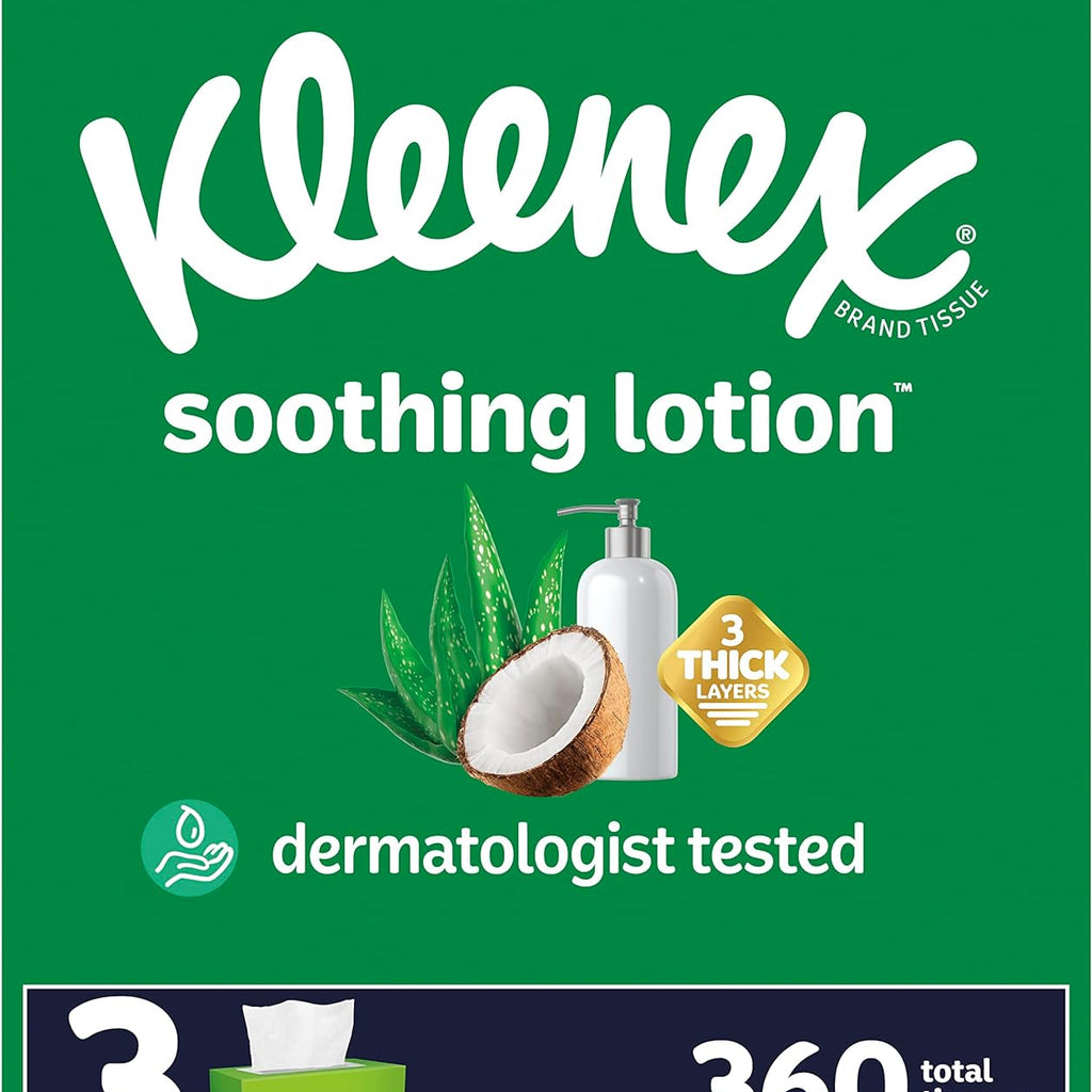 Kleenex Soothing Lotion Facial Tissues with Coconut Oil, 3 Flat Boxes, 120 Tissues per Box, 3-Ply (360 Total Tissues), Packaging May Vary
