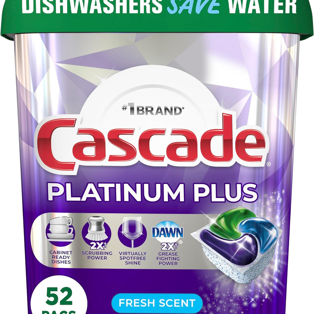 Cascade Platinum Plus Dishwasher Pod, Dish Detergent ActionPacs Dish Pods, Fresh, 52 Count