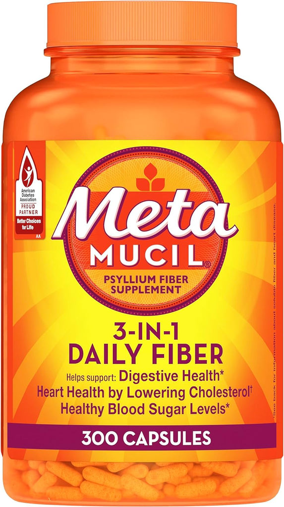 Metamucil, Daily Psyllium Husk Powder Supplement, 3-in-1 Fiber for Digestive Health, Plant Based Fiber, 300ct Capsules (Packaging May Vary)
